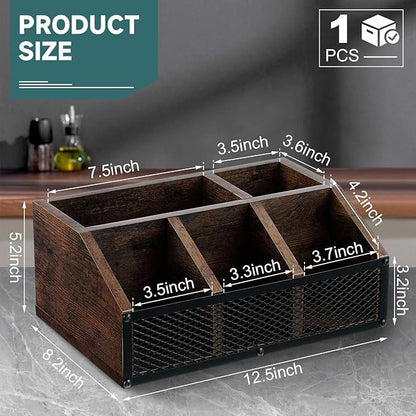 Coffee Station Organizer for Countertop, All in One No Assembly Wood Coffee Creamer Bar Holder with Iron Mesh, Office Tea Bar Accessories Gift for New Home Birthday(Dark Brown,Classical)