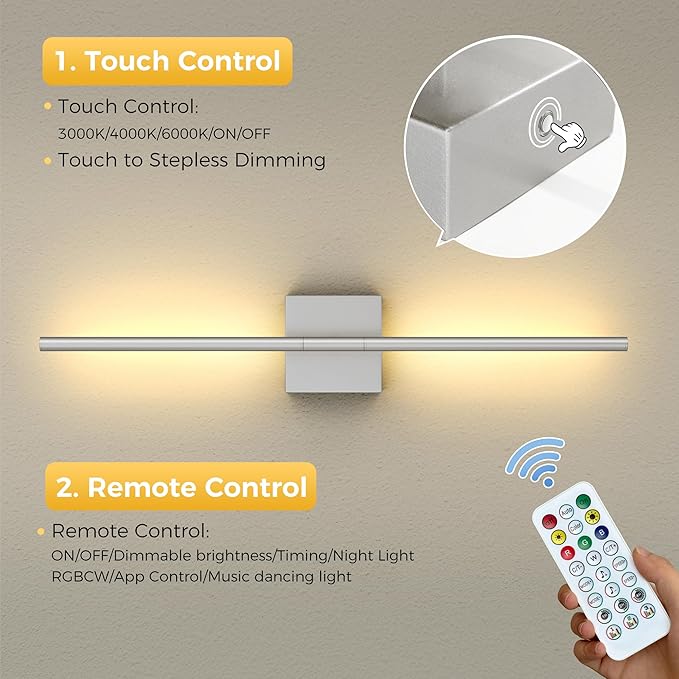L LOHAS LED Battery Operated Wall Sconces Set of 2, Battery Wall Sconce 10000mAh, Nickel Rechargeable Sconces 3CCT + RGB, 28.7 Inch Wireless Wall Lights, Sconce Wall Decor for Bedroom, Living Room