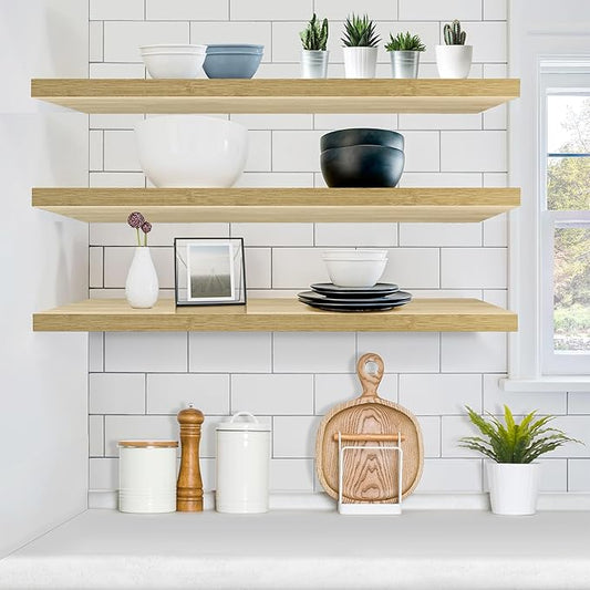 Sorbus Floating Shelves for Wall - 48 Inch Long Bathroom Shelves, Wall Decor for Bedroom, Kitchen, Living Room & Book Storage - Mounted Floating Shelf with Invisible Brackets (Maple Wood, 3 Pack)