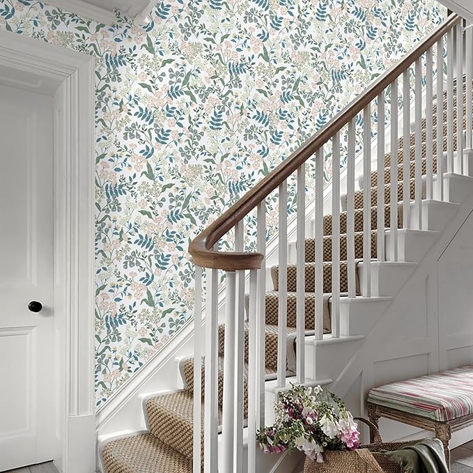 Floral Peel and Stick Wallpaper Boho Blue Floral Contact Paper Vintage Pink Flower Wallpaper Self Adhesive Removable Wall Paper for Bedroom Bathroom Cabinets Waterproof Vinyl Roll 17.3"x78.7"