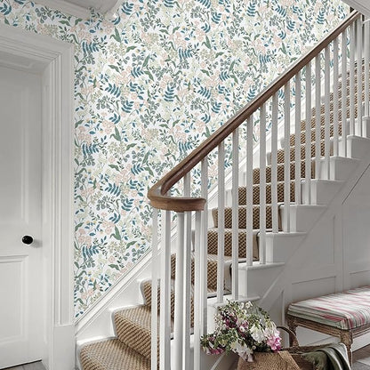 Floral Peel and Stick Wallpaper Boho Blue Floral Contact Paper Vintage Pink Flower Wallpaper Self Adhesive Removable Wall Paper for Bedroom Bathroom Cabinets Waterproof Vinyl Roll 17.3"x78.7"