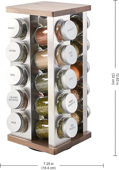 Kamenstein 20 Jar Vintage Spice Rack with Spices Included, Revolving Countertop Spice Organizer with Glass Jars, Labeled Caps, Removable Sifter Discs, and Free Refills for 5 Years