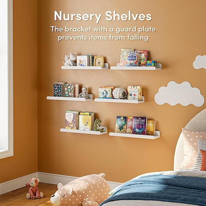 16’’White Floating Shelves for Wall with Anti-Crash Design Set of 6,Nursery Book Shelves for Room Decor/Storage/Display,Hanging Wall Shelves for Bedroom, Bathroom, Living Room,Kids Room