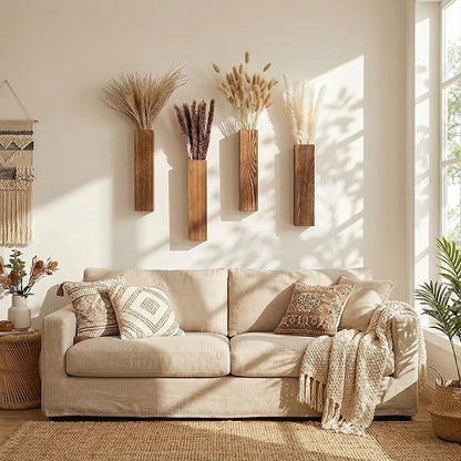 4-Piece Wooden Hanging Wall Vase Set with Pampas Grass and Eucalyptus Dried Flowers, Modern Farmhouse Home Decor for Living Room Entryway Bathroom Hallway Dining Room（Walnut）
