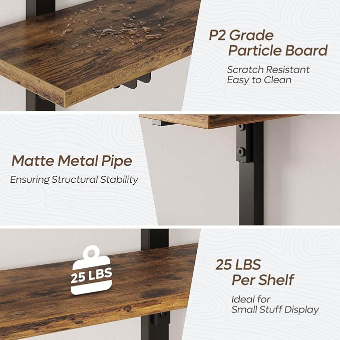 Bestier Floating Shelves for Wall, 32 inch Kitchen Shelves Wall Mounted, 3 Tier Coffee Bar Shelf with Foldable Brackets, Industrial Display Shelf for Bathroom, Living Room, Rustic Brown