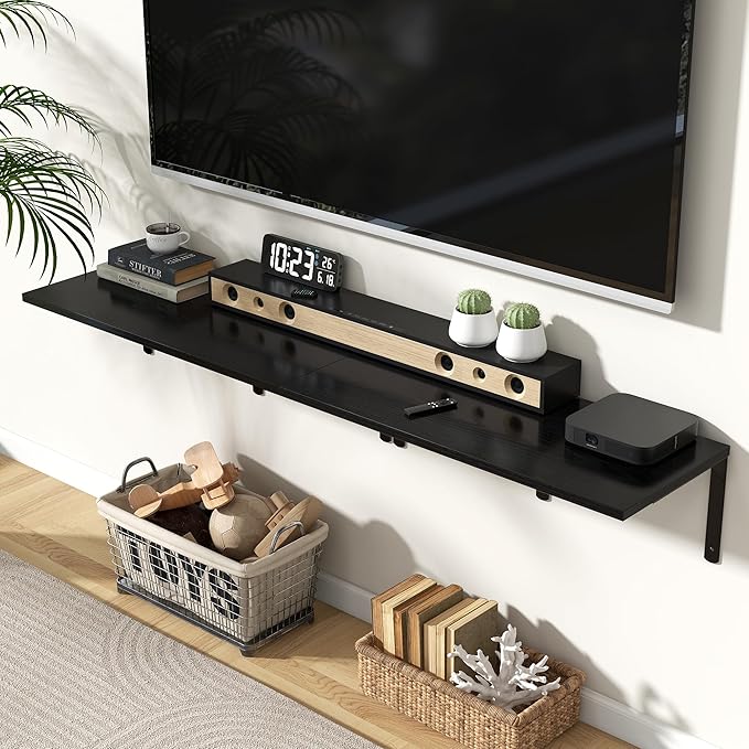 Fun Memories Floating Shelves for Wall, 12 Inch Deep Floating Shelves Set of 2, Wall Mounted Shelf with Metal Brackets, Rustic Wood Wide Shelf for Bathroom, Kitchen and Living Room, Black, 32W x 12D