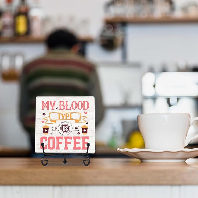 Coffee Bar Decor, Farmhouse Kitchen Table Decor, Coffee Station Accessories, Wooden Decorative Sign with Iron Stand for Table Desk Shelf Display-E22