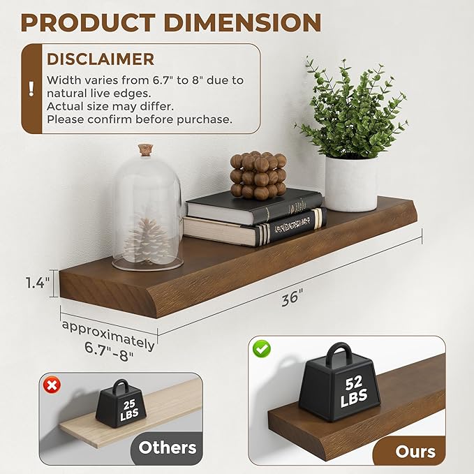 RICHFOCUS Live Edge Wood Floating Shelves for Wall 36