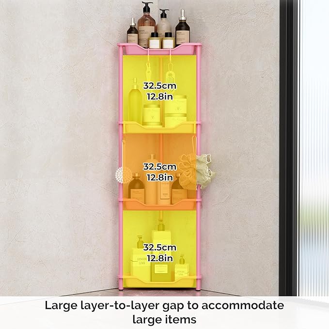 Orimade Rustproof 4 Tier Floor Standing Corner Shower Caddy Organizer, Plastic Metal Splicing Floor Corner Shelf Rack Storage Stands for Bathroom,10.8 x 10.8 x 44.6 inches, Pink