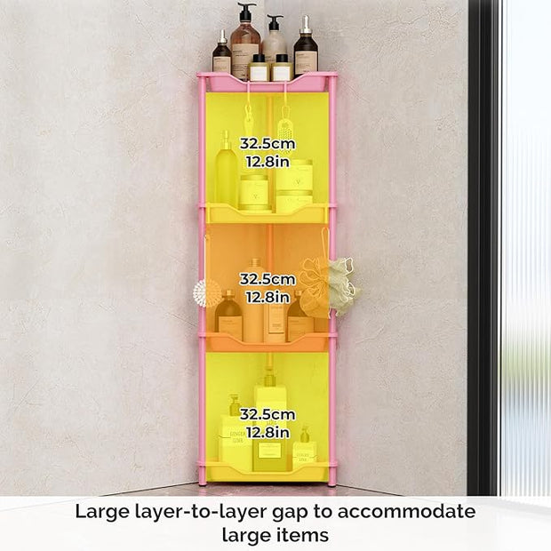 Orimade Rustproof 4 Tier Floor Standing Corner Shower Caddy Organizer, Plastic Metal Splicing Floor Corner Shelf Rack Storage Stands for Bathroom,10.8 x 10.8 x 44.6 inches, Pink