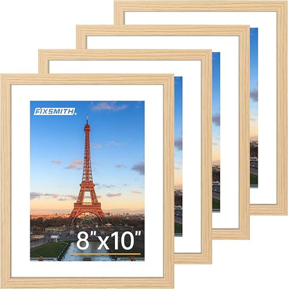 FIXSMITH 8x10 Picture Frame Bulk-4 Pack, Photo Frame with HD Plexiglass, Display Pictures 5x7 with Mat or 8x10 Without Mat, Natural Picture Frames Collage Wall Decor, Wall & Tabletop Picture Frames