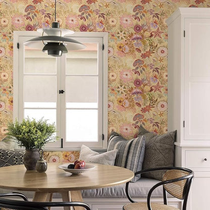 Ismoon Vintage Floral Peel and Stick Wallpaper Deep Beige Contact Paper Jellyfish Starfish Stick on Wall Paper Removable Self Adhesive Vinyl Wallpaper for Bedroom Wall Cabinet Decor 17.3x393in
