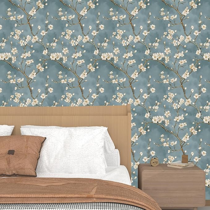 Blue Floral Wallpaper Peel and Stick Vintage White Flowers Contact Paper Vinyl Self Adhesive Removable Retro Cherry Blossom Wall Mural Wall Paper for Room Walls Shelve Cabinet Table Decor 17.5" x 118"