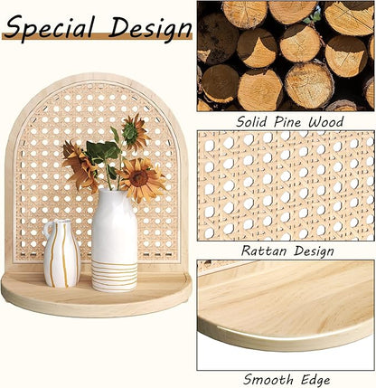 Arched Rattan Wall Shelf - Boho Rattan Floating Shelf with Grooved Edge, Unique Small Display Shelves, Natural Pine Wood Wall Decor for Bedroom, Living Room, Nursery Room, Set of 2, Natural