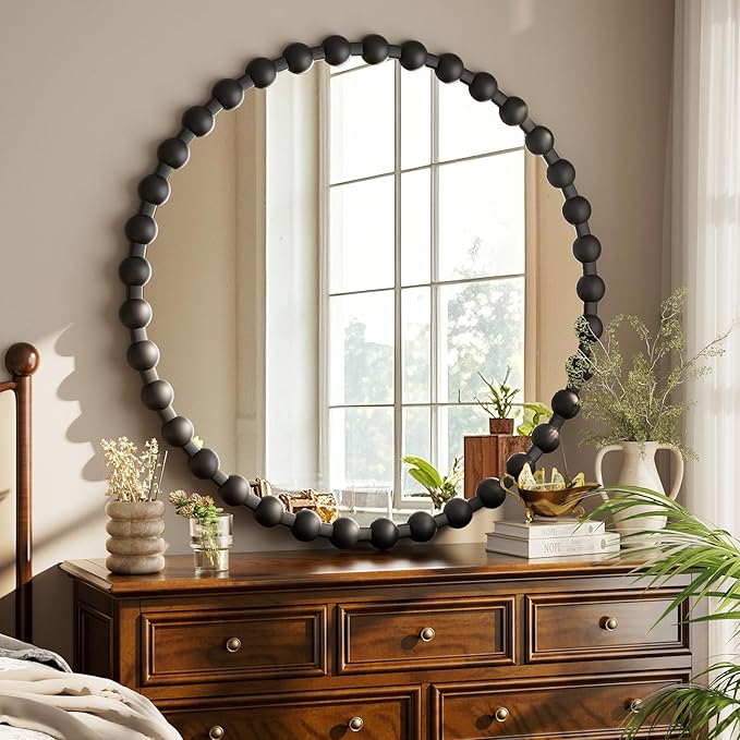 Round Mirror for Wall, 32 Inch Black Beaded Frame Decorative Vanity Mirror, Circle Bathroom Mirror with High-Definition Lense, Modern Wall Decor for Bathroom, Living Room, Bedroom, Entryway