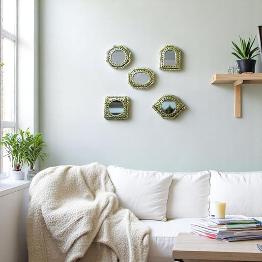 Set of 5 Small Decorative Wall Mirrors – Gold Brass Handmade Mirror Set | Octagon, Arched, Horizontal Oval, Square and Diamond Shapes | Living Room, Bedroom, Home Wall Hanging Mirrors Decor
