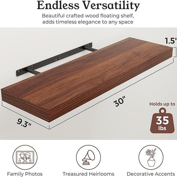 Floating Shelves for Wall, 9.3" Deep Wall Mounted Wood Shelves for Bathroom, Bedroom, Living Room, Kitchen, Hanging Shelf for Books/Storage/Room Decor (Walnut, 30")
