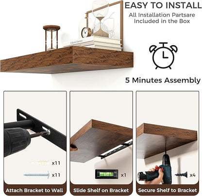 Floating Shelves for Wall, 48 Inch Wide x 12 Inch Deep Floating Shelves, Long Wood Floating Wall Shelf Shelves for Living Room Bathroom Bedroom Kitchen Home - (Brown, 48" W x 12" D x 2" H)