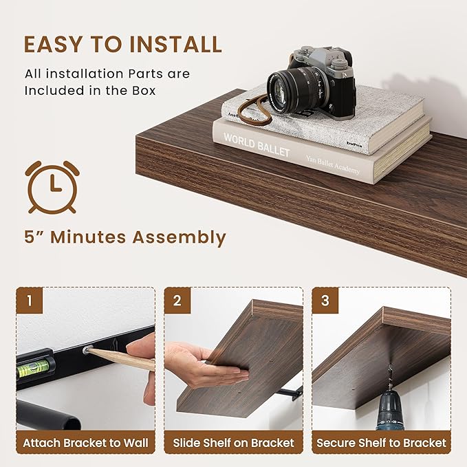 fuqing Floating Shelves for Wall, Wall Mounted Wood Floating Shelf with Invisible Brackets for Living Room, Bathroom, Bedroom, Kitchen Storage and Decor, 40 Inch Set of 2, Walnut