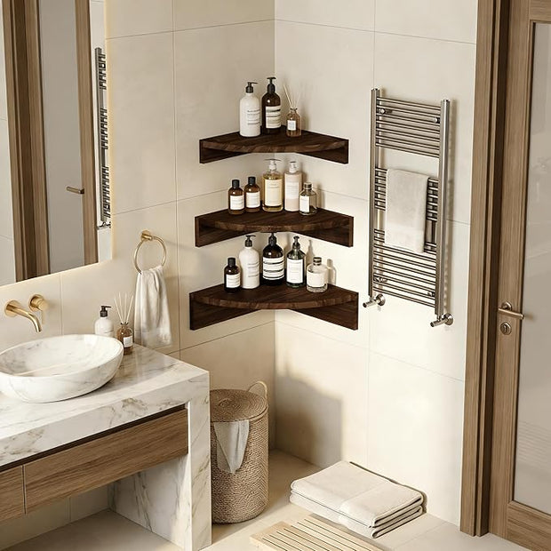 Alsonerbay Corner Shelf Wall Mount, Set of 3 Floating Shelves for Storage and Display, Rustic Wood Shelves for Bedroom, Kitchen, Living Room, Nursery and Office (Dark Brown)