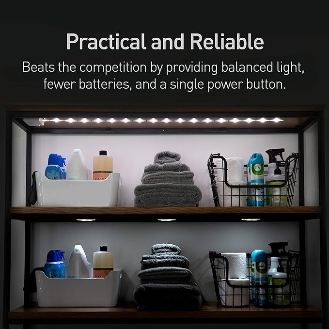 POWER PRACTICAL Luminoodle Under Cabinet Lighting - Click LED Light Strip for Shelves, Kitchen Cabinets, & Furniture, 1-Pack Includes Power Button & Tape Adhesive - Warm White (2700K)