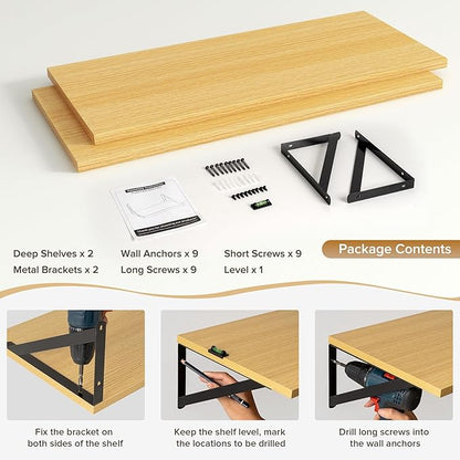 Deep Floating Shelves Wall Mounted, 30"x12" Oak Wall Shelves with Brackets Set of 2 for Bedroom, Living Room, Bathroom, Kitchen, Office - Storage & Display Shelf for Decor, Books, Plants
