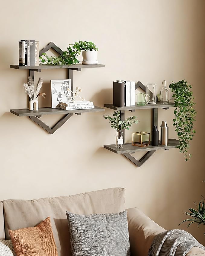 Floating Shelves, Set of 2 Wall Shelf, Wall Mounted Decorative Shelves, 2-Tier Modern Geometric Hanging Storage Shelf for Living Room, Bedroom, Kitchen, Office, Study (Greige + Black)