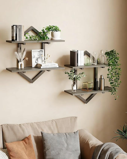 Floating Shelves, Set of 2 Wall Shelf, Wall Mounted Decorative Shelves, 2-Tier Modern Geometric Hanging Storage Shelf for Living Room, Bedroom, Kitchen, Office, Study (Greige + Black)