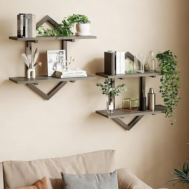 Floating Shelves, Set of 2 Wall Shelf, Wall Mounted Decorative Shelves, 2-Tier Modern Geometric Hanging Storage Shelf for Living Room, Bedroom, Kitchen, Office, Study (Greige + Black)