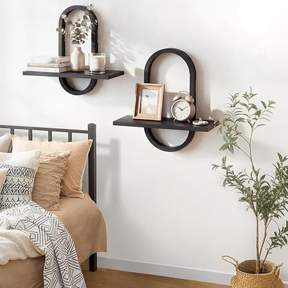 KALYLOC Floating Shelves for Wall, Hanging Shelves Wall Shelf for Plants, Decorative Wall Mounted Shelves for Living Room Bedroom Bathroom Home Office Kitchen, Black Wood Set of 2