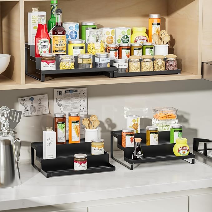 RCHYFEED Spice Rack Organizer for Cabinet, Set of 2 Metal 3 Tier Spice Rack 11.8"-22.8" Expandable Display Risers, Seasoning Organizer for Kitchen, Cabinet, Countertop, Pantry Spice Organizer