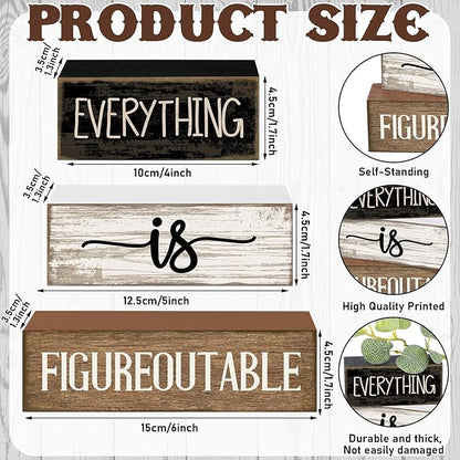 4 Pcs Inspirational Farmhouse Table Decor Everything Is Figureoutable Stacked Wooden Block Signs with Inspirational Quote Eucalyptus Leaves for Home, Living Room, Shelf Housewarming Gift