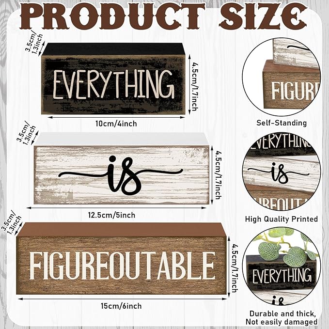 4 Pcs Inspirational Farmhouse Table Decor Everything Is Figureoutable Stacked Wooden Block Signs with Inspirational Quote Eucalyptus Leaves for Home, Living Room, Shelf Housewarming Gift