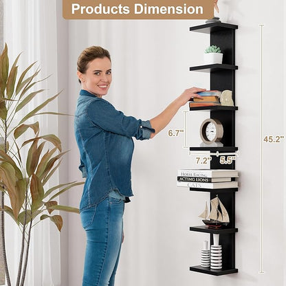Fun Memories 7 Tier Wall Shelf Unit, Black Floating Shelves for Storage - Vertical Column Tower Design, Lack Wall Shelf Space Saving Organizer for Bedroom, Living Room, Home Decor