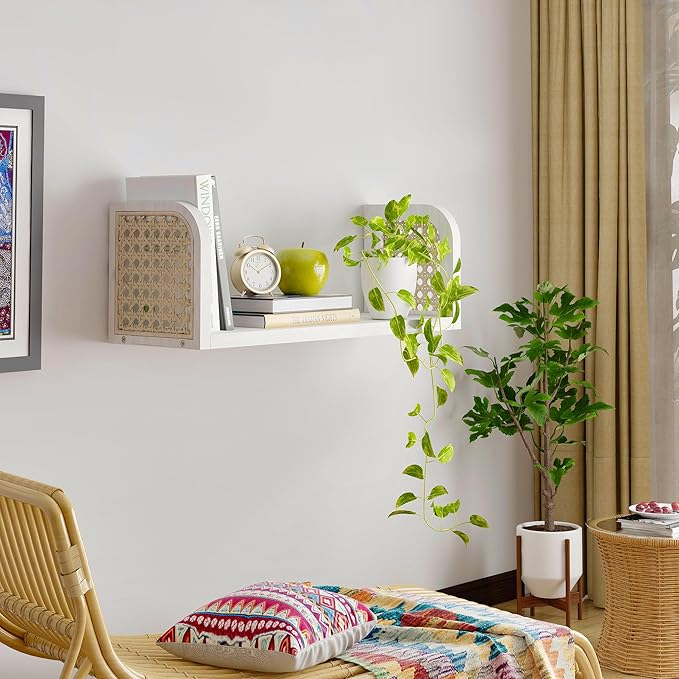 White Rattan Wall Shelf, Wooden Hanging Bookshelf Storage, Cute Nursery Shelves Wall Mounted, Boho Decorative Floating Shelves for Kids Room, Living Room, Play Room, Bedroom