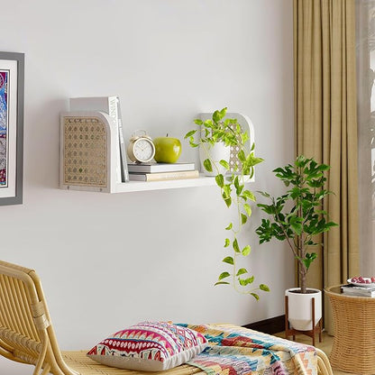 White Rattan Wall Shelf, Wooden Hanging Bookshelf Storage, Cute Nursery Shelves Wall Mounted, Boho Decorative Floating Shelves for Kids Room, Living Room, Play Room, Bedroom