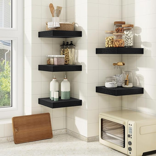 fuqing Floating Shelves for Wall, Wall Mounted Wood Floating Shelf with Invisible Brackets for Living Room, Bathroom, Bedroom, Kitchen Storage and Decor,6.5 Inch Set of 3, Black