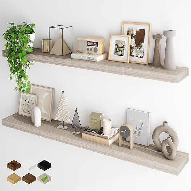 Fun Memories 55 Inch Fireplace Mantel - Long Floating Shelf, Wall Mounted Farmhouse Display with Invisible Heavy Duty Metal Bracket, 2 Pack, Grey