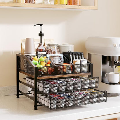 Coffee Bar Organizer - Coffee Station for Countertop, Metal and Wood K Cup holder Storage Basket for Coffee Pods, Syrup, Cups, Stirrer, Coffee Condiment, Tea Organizer, Black and Brown
