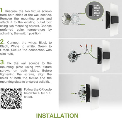 ASD LED Indoor Wall Mount Light Fixture - 8 Inch 10W Modern Interior Matte Black Dimmable Wall Sconce Light - ETL 2700K-5000K Adjustable - Hallway, Bedroom LED Wall Lights, Pack of 2