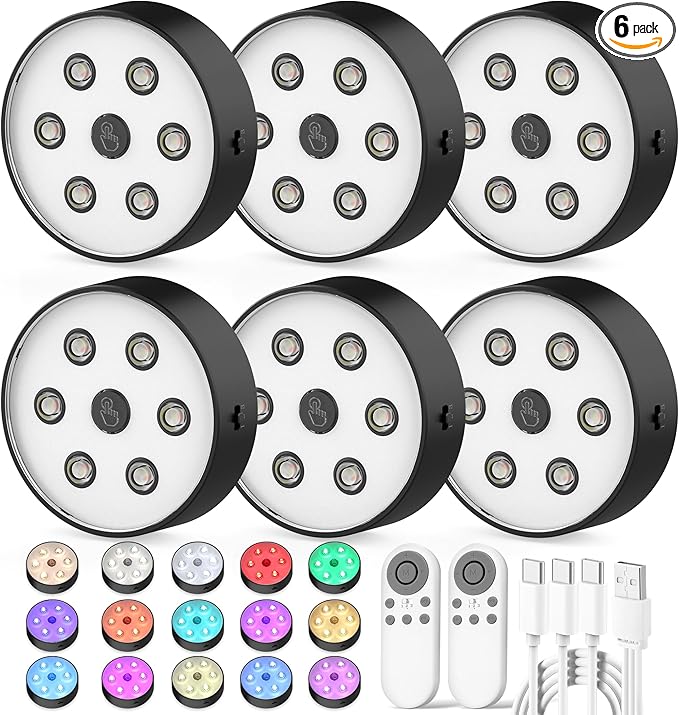 Onumii Rechargeable Puck Lights with Remote 2.4G Under Cabinet Lighting 2600mAh Sync and Groupable Color Changing Magnetic Stick on Tap Lights for Cabinet, Shelves, Display Case (6Pack Black)