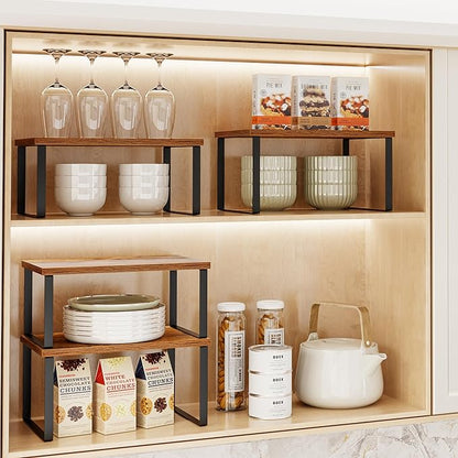 2 Set Metal & Engineered Wood Kitchen Shelf Stackable Cabinet Organizer, Countertop Spice Rack Storage, Expandable for Pantry/Counter (Brown Black)