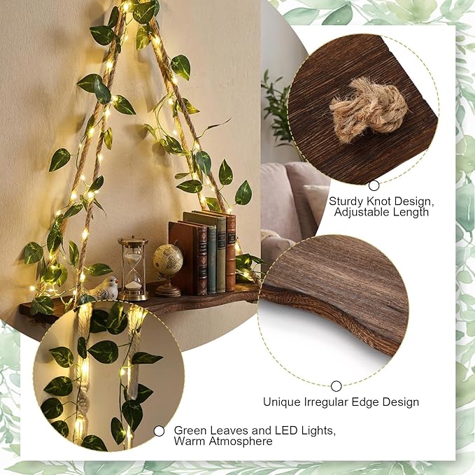 2 Set Floating Shelves for Wall, Plant Wall Decor, Hanging Shelf, Floating Shelves with Irregular Wooden Board Design LED Lights and Green Leaves, Boho Hanging Shelf for Home Decor Holiday