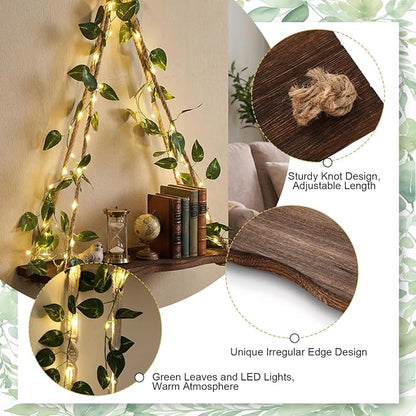 2 Set Floating Shelves for Wall, Plant Wall Decor, Hanging Shelf, Floating Shelves with Irregular Wooden Board Design LED Lights and Green Leaves, Boho Hanging Shelf for Home Decor Holiday