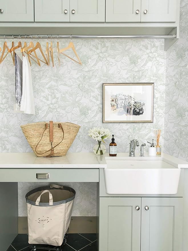 Ismoon Large Floral Peel and Stick Wallpaper Boho White and Green Contact Paper 17.3inx16.3ft Modern Wall Paper Removable Self Adhesive Vinyl Wallpaper for Bedroom Cabinet Bathroom Mural Wall Decor