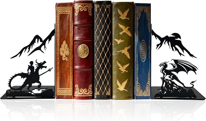 Dragon Bookends – Metal Book Ends Decorative for Shelves, Unique Fantasy Book Ends Holder, Cute Novelty Vintage Bookends, Bookshelf Decor Heavy Duty Stopper for Kids and Adults