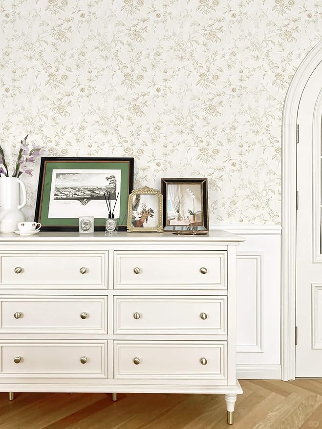 Ismoon Floral Wallpaper Peel and Stick Vintage Beige Stick on Wall Paper French Textured Contact Paper for Cabinet Removable Self Adhesive Wallpaper Vinyl Roll Shelf Deco, 17.3x196in