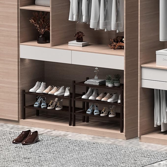 2 Tier (Thick) Bamboo Shoe Rack for Closet Free Standing Wood Shoe Shelf for Entryway Small Space Stackable 27"x12"x14" (Black Brown)