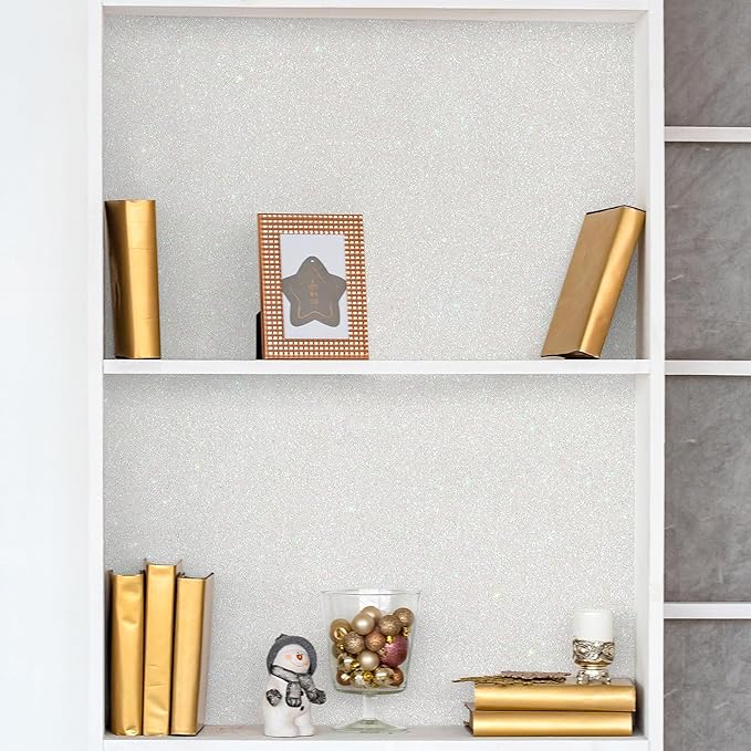CHIHUT Iridescent Off White Glitter Peel and Stick Wallpaper Sparkle Self Adhesive Removable Wallpaper Decorative Fabric Roll Glitter Wall Covering for Cabinets Drawers Walls 15.7''x100''