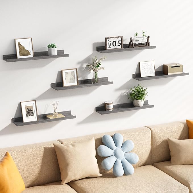 upsimples Floating Shelves for Wall, 23.6 Inch Shelves for Decor Storage Set of 6, Wall Mounted Wood Shelf for Bedroom, Living Room, Bathroom, Kitchen, Long Picture Ledge Shelves, Grey